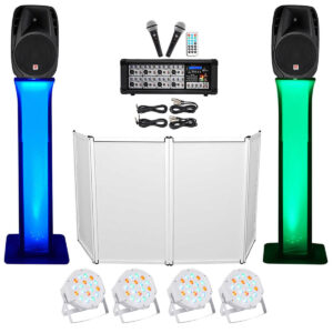 DJ Package w/15" Speakers+Bluetooth Mixer+Mics+Tripod+Totem Stands+Facade+ Lights