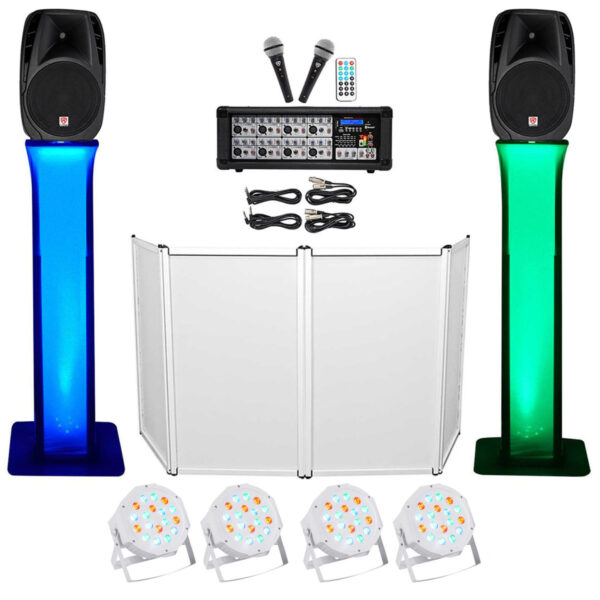DJ Package w/15" Speakers+Bluetooth Mixer+Mics+Tripod+Totem Stands+Facade+ Lights